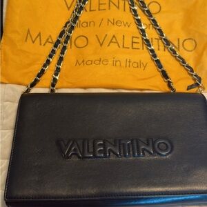 Valentino Black Leather Logo Chain Shoulder Bag